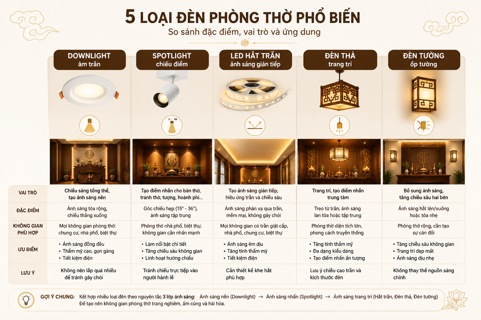 So sánh các loại đèn LED phòng thờ phổ biến