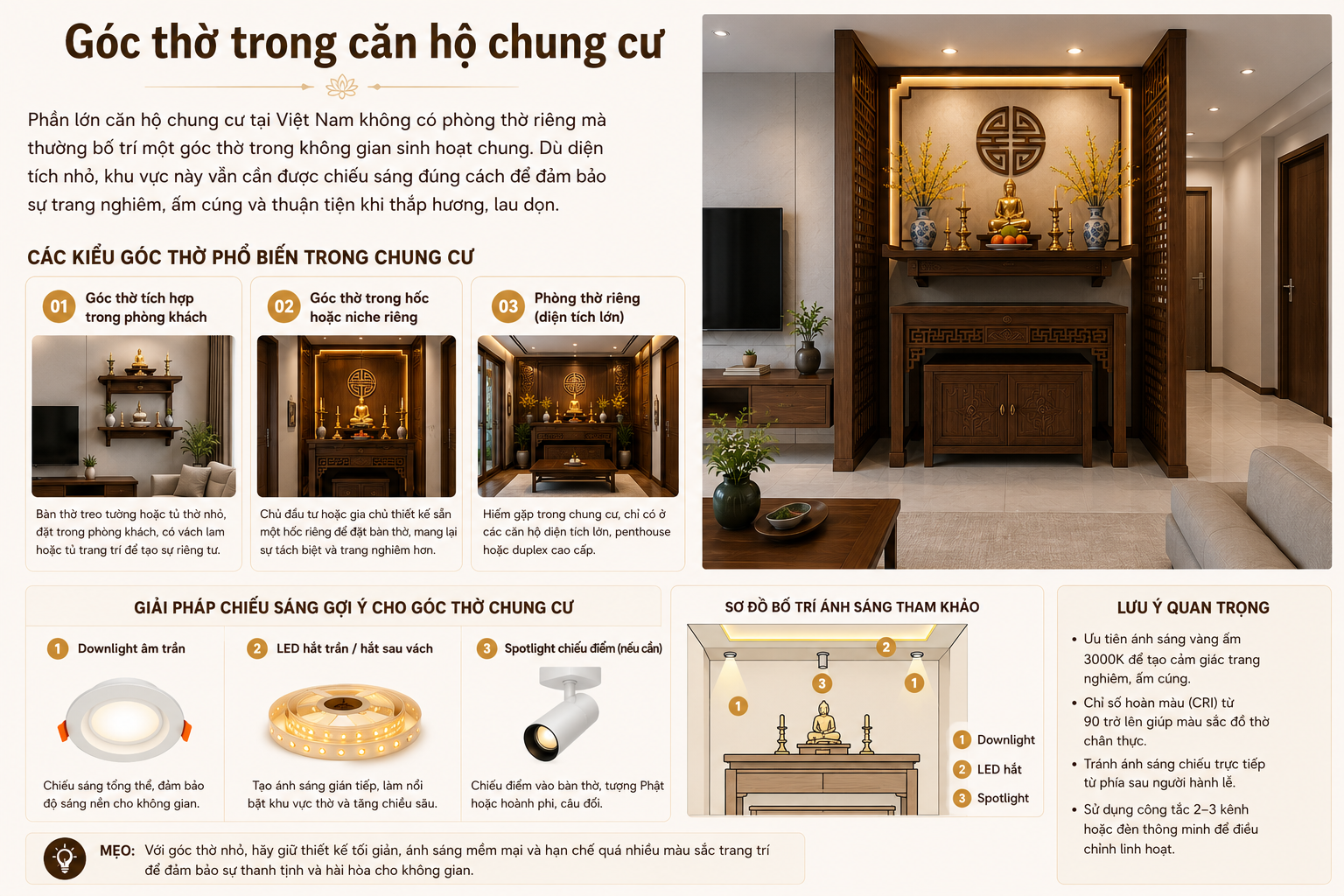 Cách bố trí đèn phòng thờ trong căn hộ chung cư
