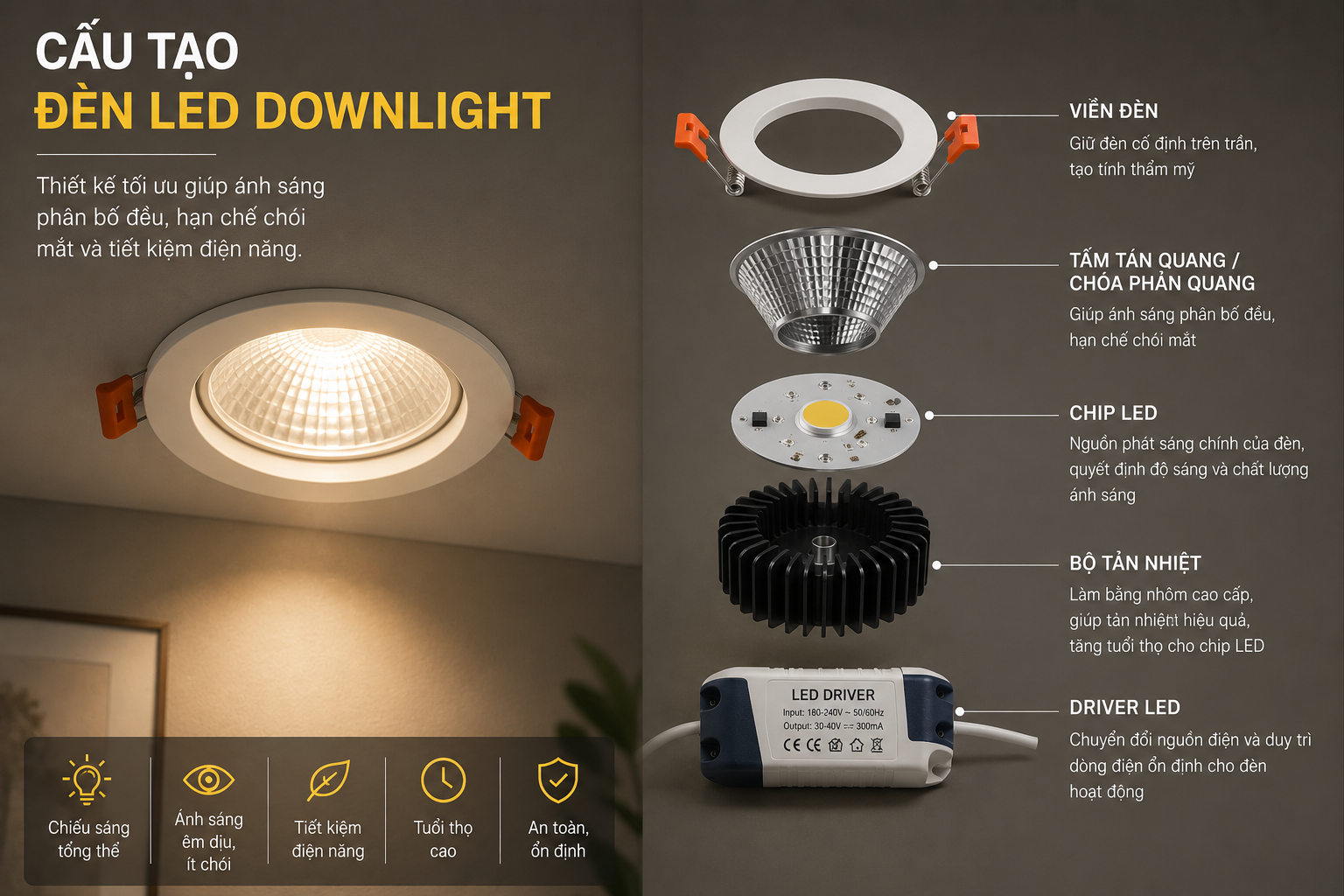 Cấu tạo đèn LED Downlight