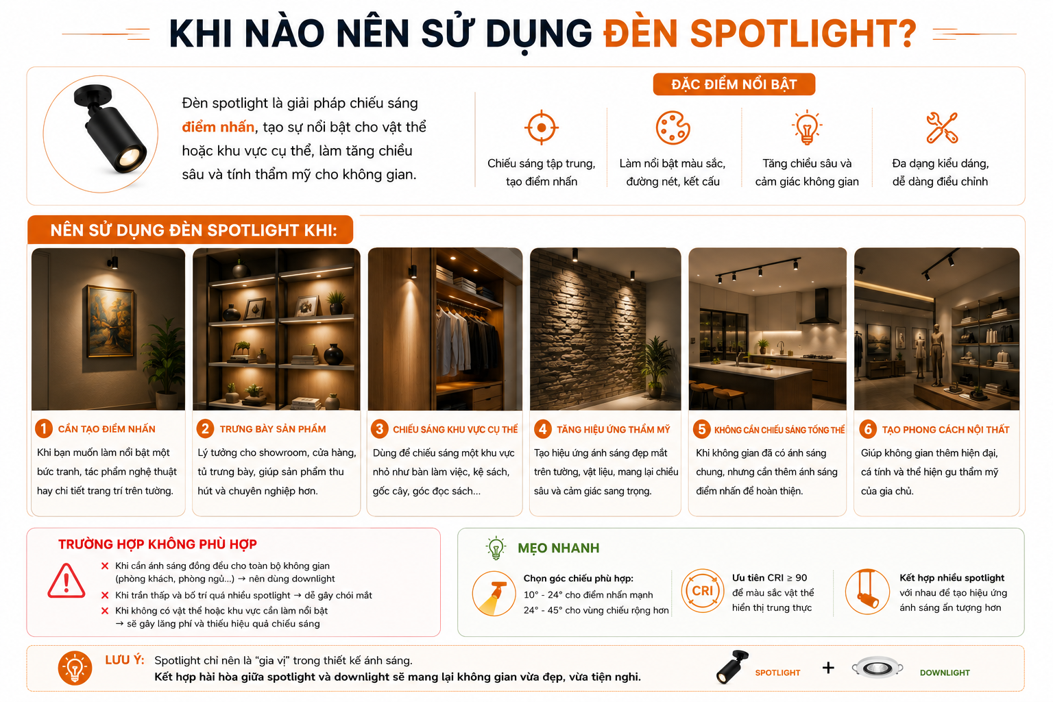 Spotlight là loại đèn hiệu quả trong việc thu hút sự chú ý vào một khu vực hoặc vật thể cụ thể
