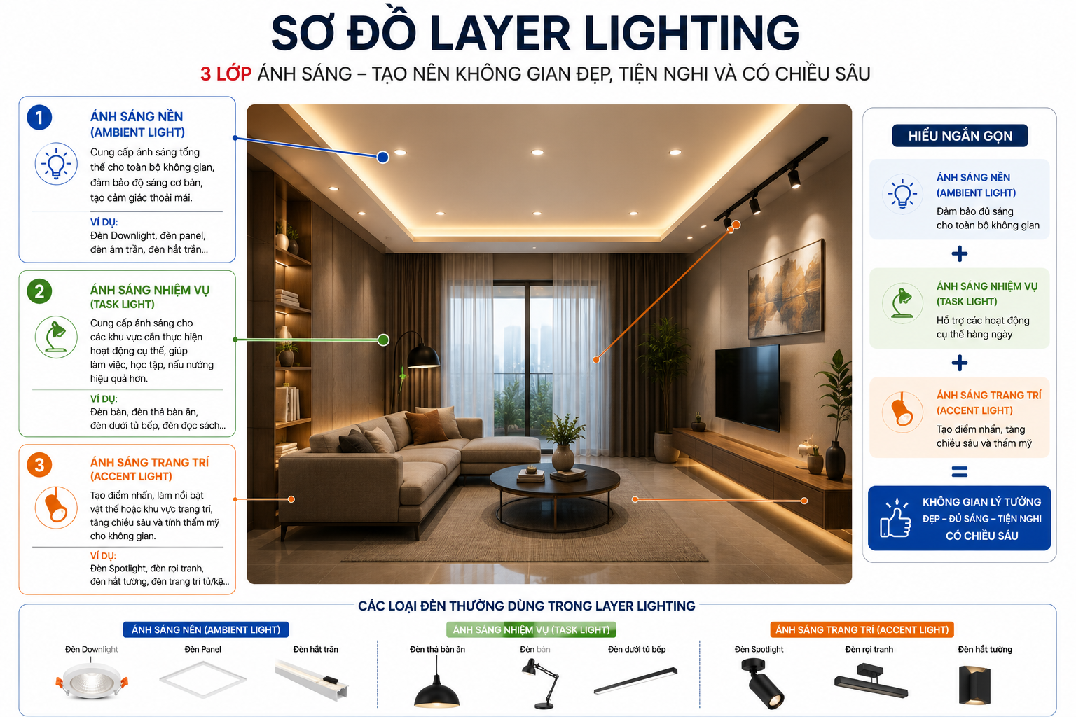 Sơ đồ Layer Lighting kèm các loại đèn thường dùng