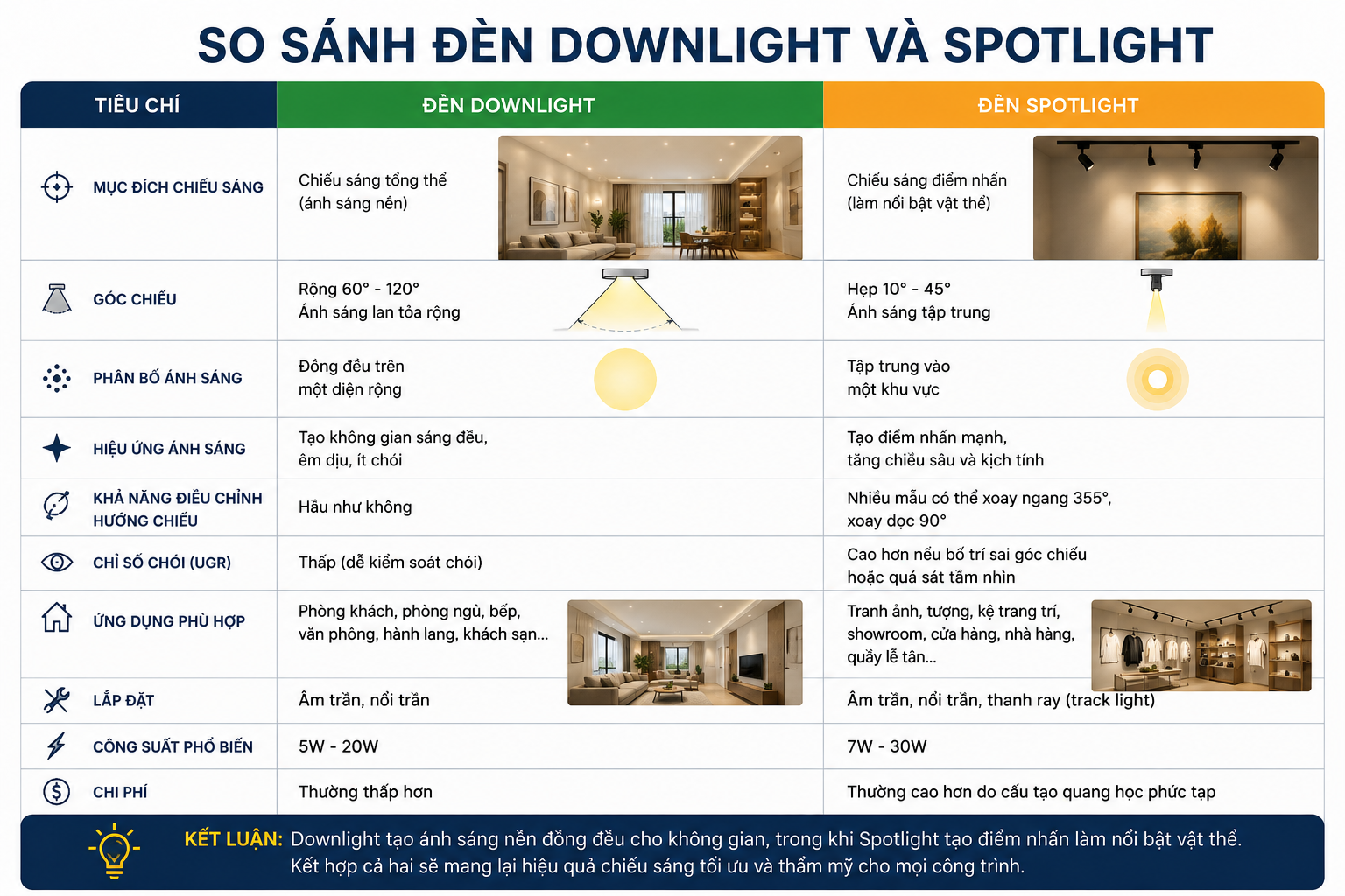 Bảng So sánh đèn Spotlight và Downlight